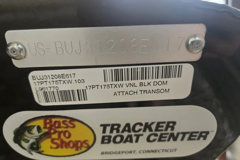 Slide: The Image of 2017 Tracker Pro Team 175 TXW boat identification plate with serial numbers and Bass Pro Shops logo. - 24