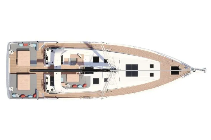Slide: The Image of Manufacturer Provided Image: Top view of 2025 Jeanneau 55 sailboat, showcasing deck layout and seating areas. - 15