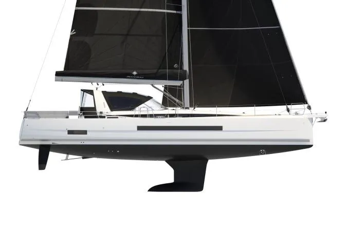 Slide: The Image of Manufacturer Provided Image: 2025 Jeanneau 55 sailboat with sleek black sails and modern design. - 13