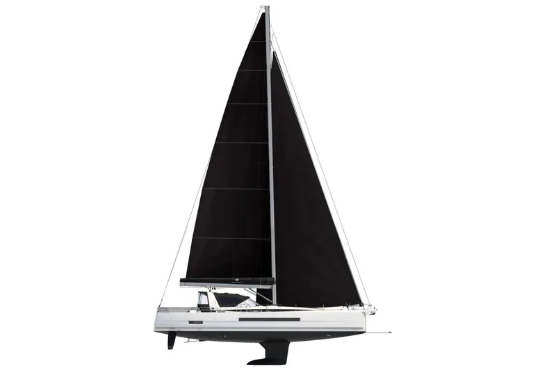 Slide: The Image of Manufacturer Provided Image: 2025 Jeanneau 55 sailboat with sleek black sails and modern design. - 12