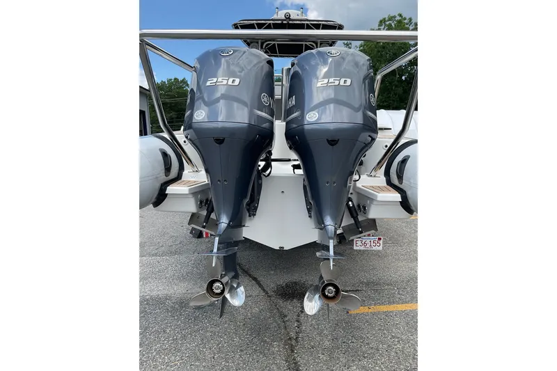 Slide: The Image of Twin Yamaha 250 engines on a 2015 Protector 30 Center Console boat. - 3