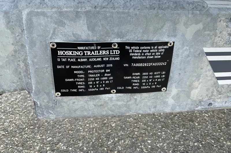 Slide: The Image of 2015 Protector 30 Center Console trailer plate by Hosking Trailers, New Zealand. - 9