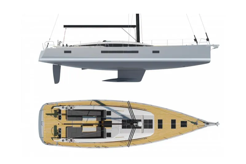 Slide: The Image of Manufacturer Provided Image: 2026 Jeanneau 65 yacht, side and top view, sleek design, modern sailing vessel. - 19
