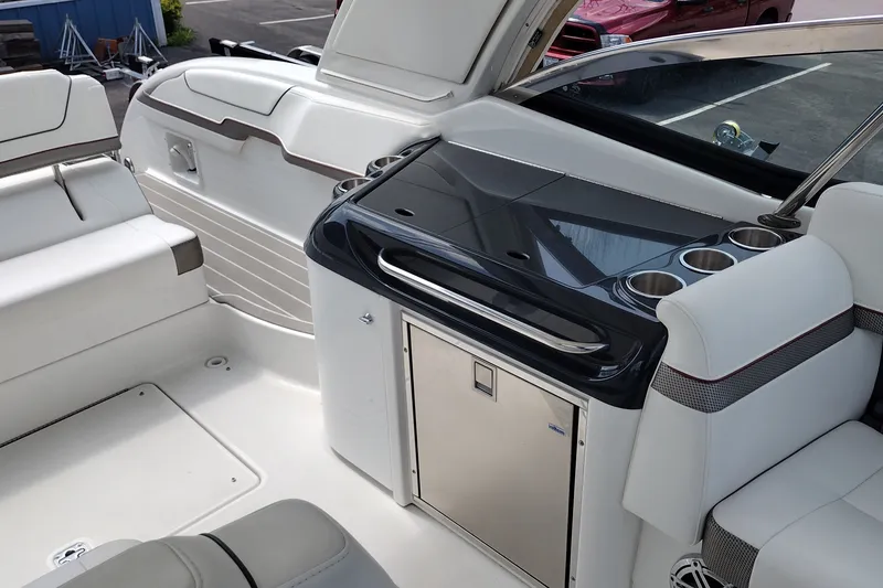 Slide: The Image of 2026 Formula 350 Crossover Bowrider interior with sleek seating and modern amenities. - 26