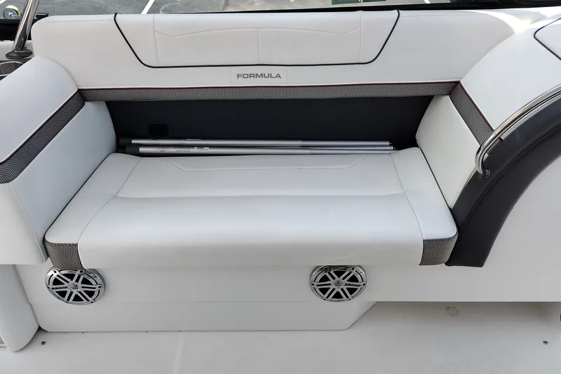 Slide: The Image of 2026 Formula 350 Crossover Bowrider interior seating with sleek design and integrated speakers. - 30