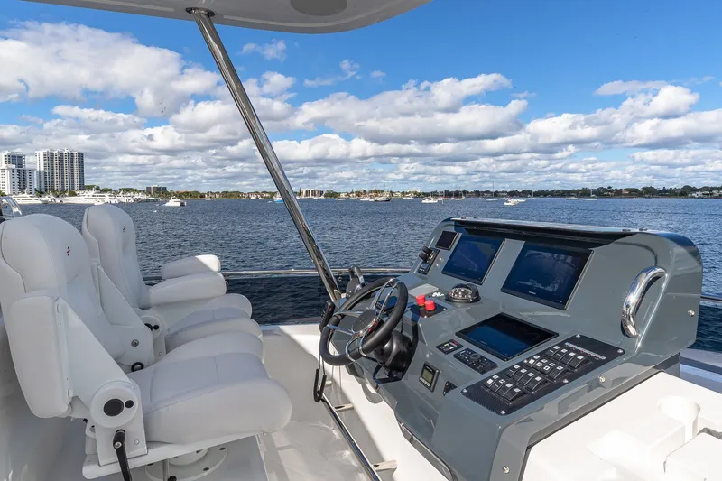 Slide: The Image of Flybridge helm of 2023 Sirena yacht with modern controls and ocean view. - 31