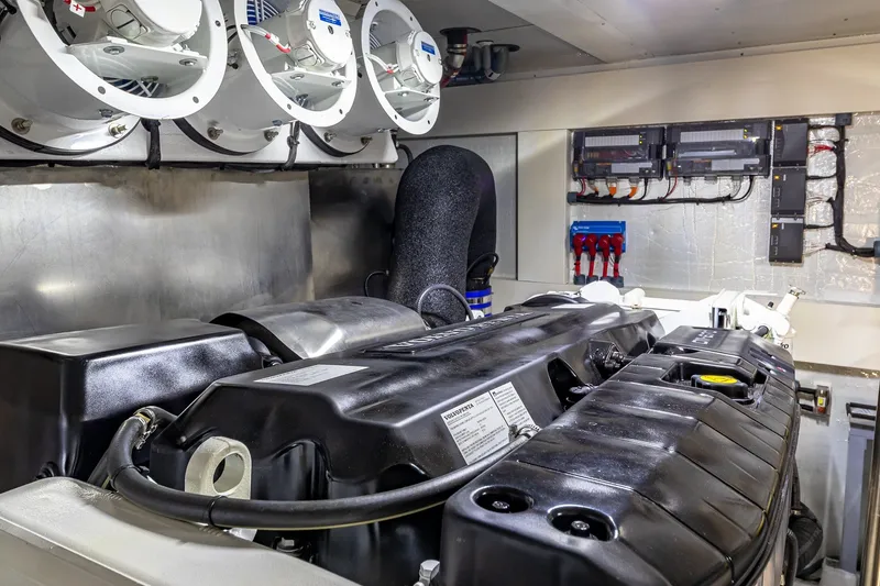 Slide: The Image of Engine room of 2023 Sirena Flybridge yacht, showcasing advanced machinery and equipment. - 61