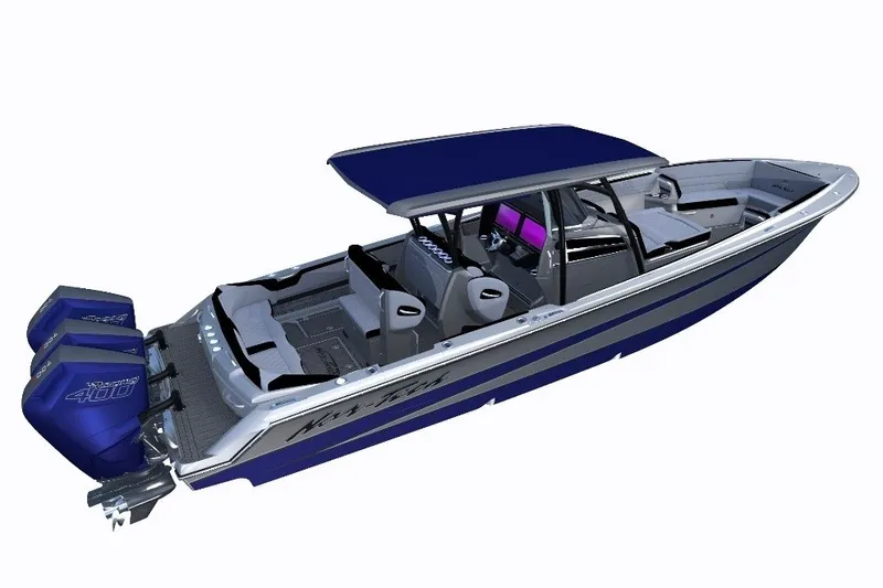 Slide: The Image of 2027 Nor-Tech 390 Sport boat with triple outboard engines, sleek design, and modern interior. - 1