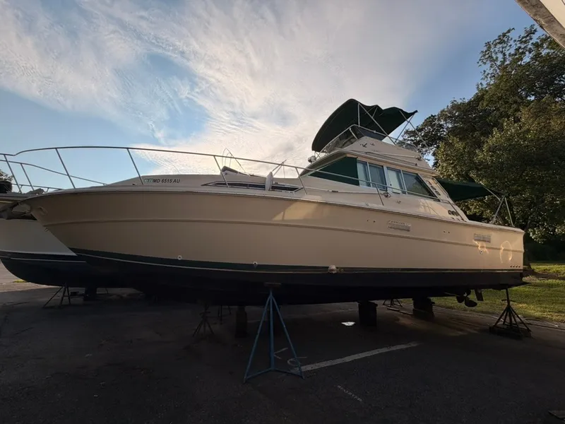 The Image of A 1981 Sea Ray 360 Sportfish is on stands. The sky is slightly cloudy. - 0