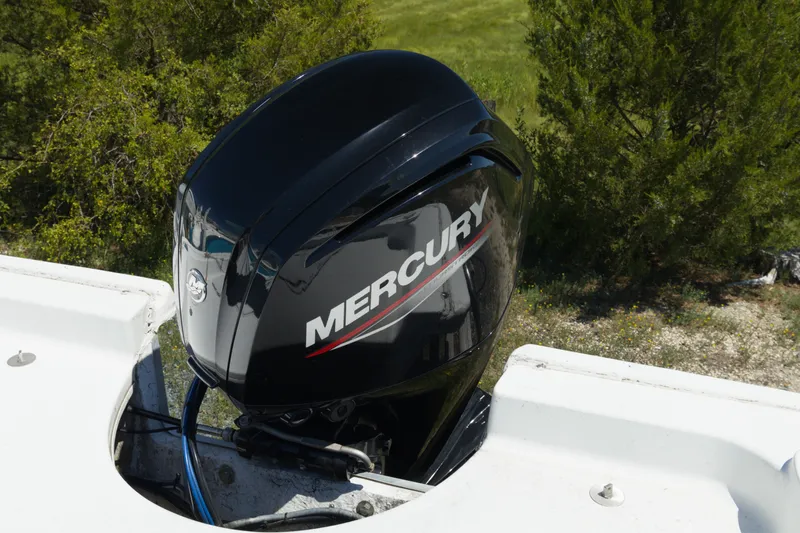 Slide: The Image of Mercury outboard motor on 2006 Seapro 1996 Skiff, surrounded by greenery. - 8