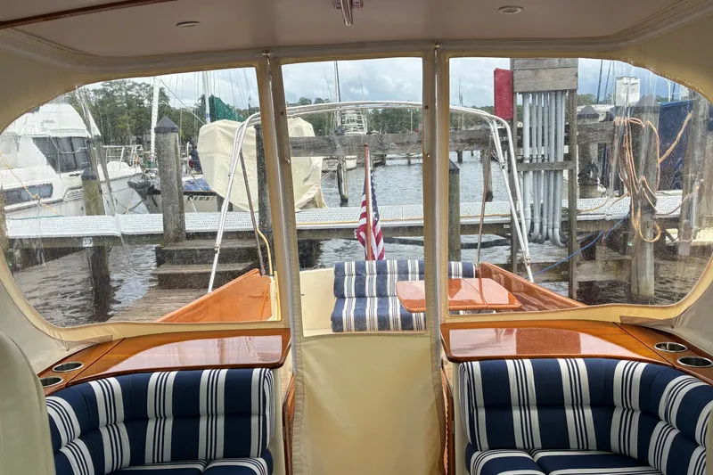 Slide: The Image of Interior view of 2014 Hinckley Picnic Boat 37 MKIII at a marina dock. - 27