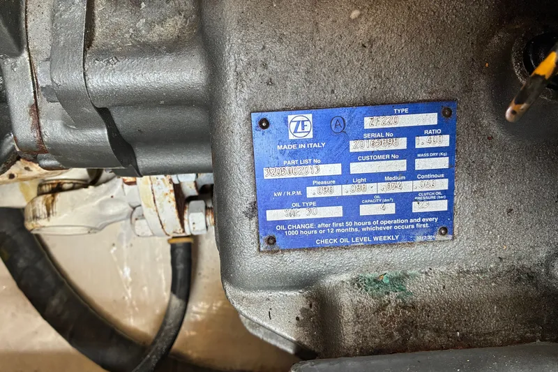 Slide: The Image of Close-up of a ZF marine transmission label on a 2014 Hinckley Picnic Boat 37 MKIII. - 49