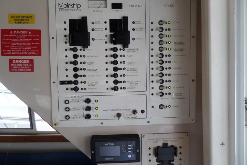 Slide: The Image of Control panel of a 1997 Mainship 350 Trawler, featuring various switches and indicators. - 50