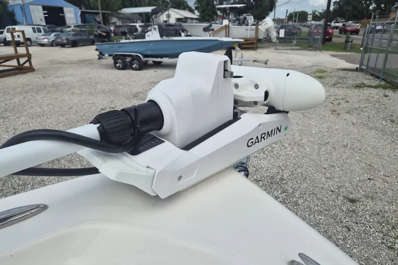 Slide: The Image of Garmin trolling motor on 2026 Key West 230 Bay Reef boat in a marina setting. - 23