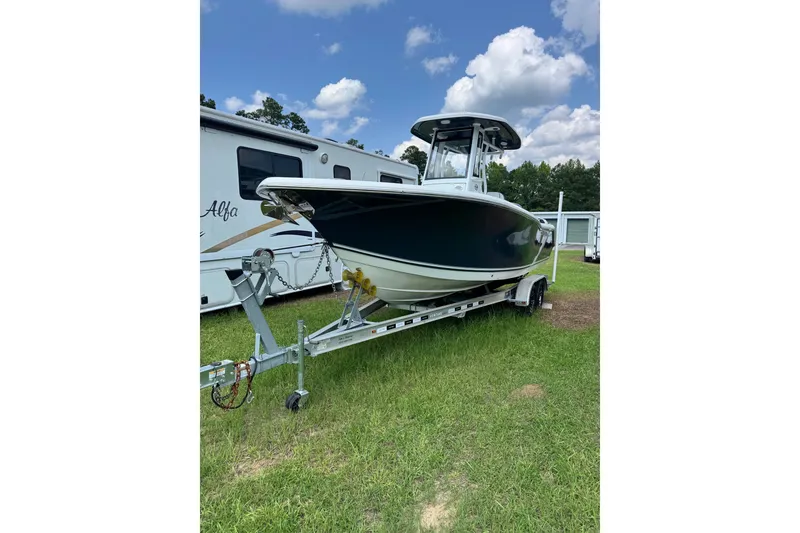 The Image of 2022 Tidewater 232 LXF boat on trailer, parked on grass under a cloudy sky. - 1