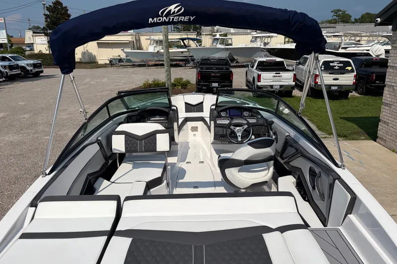 Slide: The Image of 2024 Monterey 215SS Super Sport boat interior with seating and steering wheel. - 23