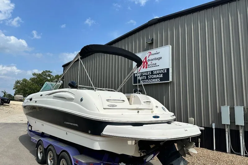 Slide: The Image of 2005 Chaparral Sunesta 274 boat on trailer at marine service center. - 1