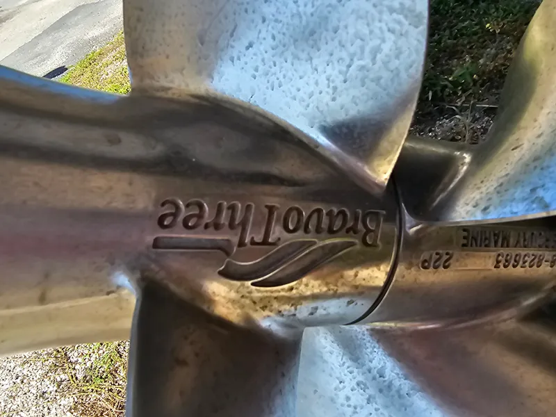 Slide: The Image of Close-up of a Bravo Three propeller with engraved logo and details. - 47