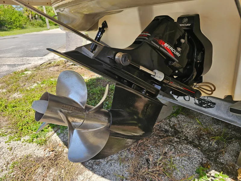 Slide: The Image of Close-up of a Mercury outboard motor with propeller on a 2006 Sea Ray 270 Sundeck. - 45