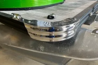 Slide: The Image of 2022 Angler Qwest 820XRE Cruise LT pontoon corner detail with metallic finish. - 23