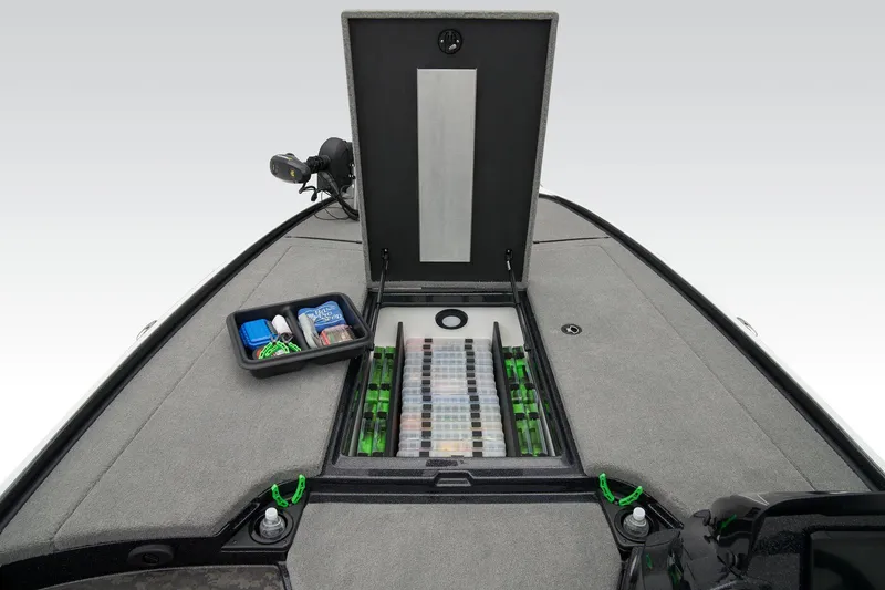 Slide: The Image of Manufacturer Provided Image: 2025 Nitro Z20 XL boat deck with open storage compartments and fishing gear. - 36