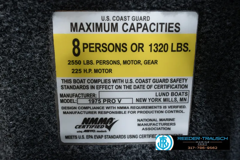 Slide: The Image of U.S. Coast Guard capacity label for 2026 Lund 1975 Pro-V Sport boat, 8 persons, 1320 lbs. - 70