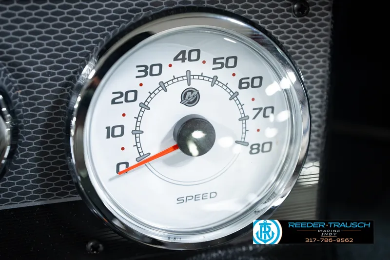 Slide: The Image of Close-up of a 2026 Lund 1975 Pro-V Sport speedometer, displaying speeds up to 80. - 43