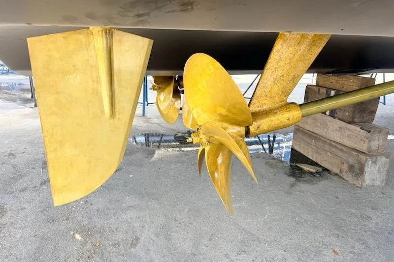 Slide: The Image of Propeller and rudder of 2018 Azimut 66 Flybridge yacht on dry dock. - 53