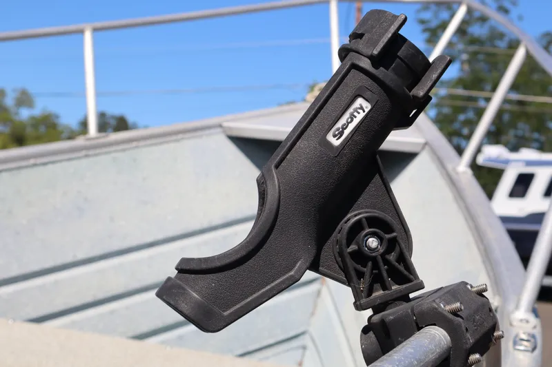 Slide: The Image of Rod holder on a 1985 Klamath 15 boat, featuring a Scotty brand mount. - 8