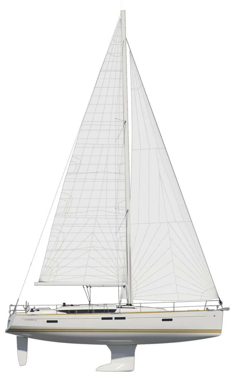 Slide: The Image of Side view of a Jeanneau Sun Odyssey 469 sailboat with white sails. - 24
