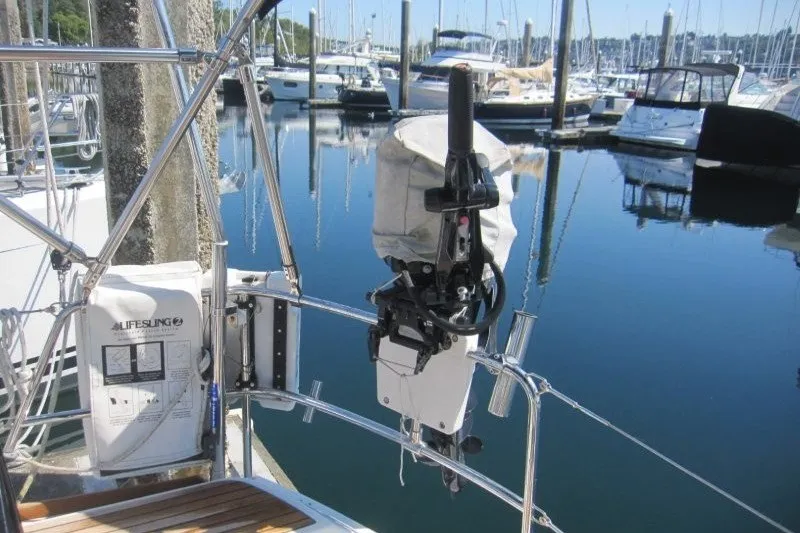 Slide: The Image of Jeanneau Sun Odyssey 469 sailboat stern with equipment, docked in a marina, 2013 model. - 37