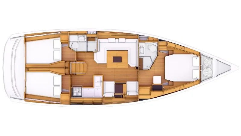 Slide: The Image of The image shows the layout of a 2013 Jeanneau Sun Odyssey 469 with multiple cabins and a salon. - 23