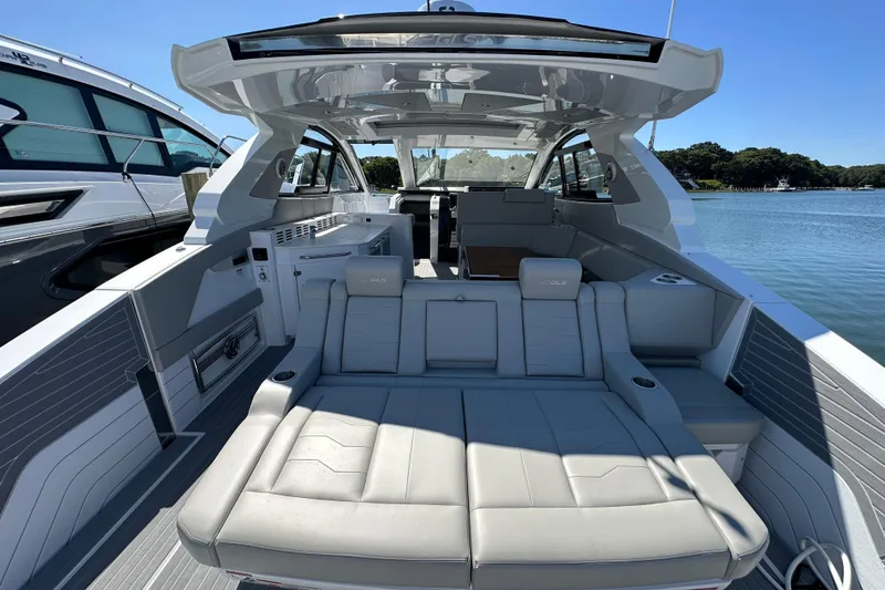 Slide: The Image of 2026 Cruisers Yachts 42 GLS OB luxury boat interior with spacious seating and modern design. - 9