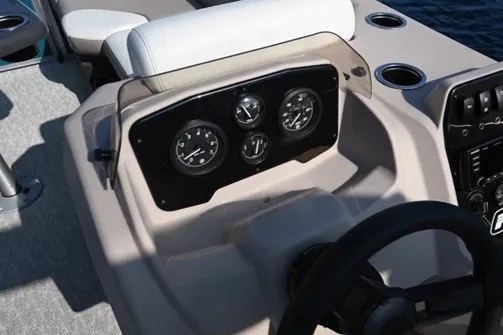 Slide: The Image of 2024 Princecraft Vectra 21 RL boat dashboard with gauges and steering wheel. - 9