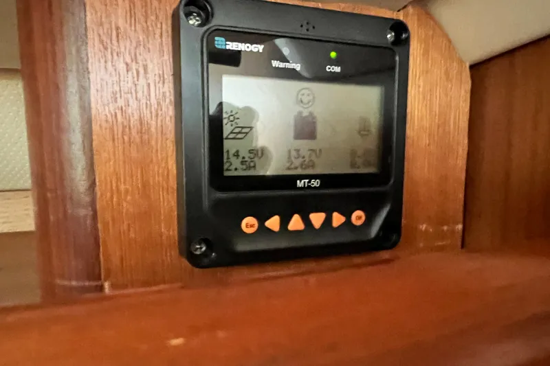 Slide: The Image of Renogy MT-50 solar controller display on 2007 Hunter 41 Deck Salon yacht. - 96