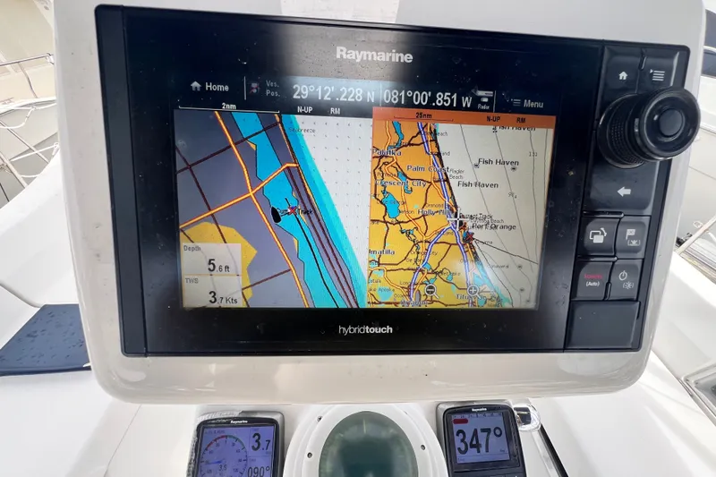 Slide: The Image of Raymarine navigation system on 2007 Hunter 41 Deck Salon sailboat, displaying nautical charts. - 42