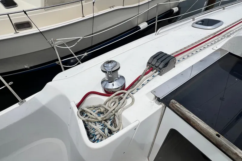 Slide: The Image of Deck view of 2007 Hunter 41 Deck Salon sailboat with winch and ropes. - 22
