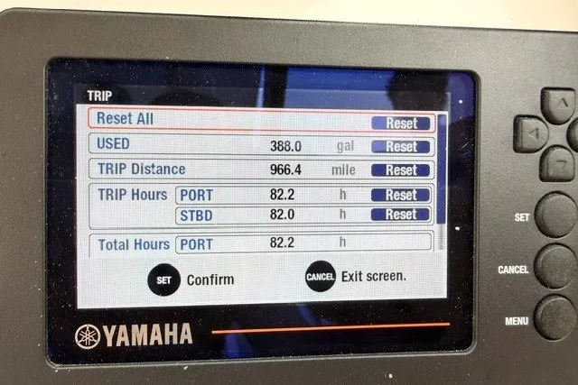 Slide: The Image of Yamaha trip monitor displaying fuel usage and trip data for Grady-White Freedom 255, 2023 model. - 26