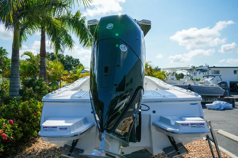 Slide: The Image of 2027 Blackfin 262 HB boat with powerful outboard motor, surrounded by tropical palm trees. - 4
