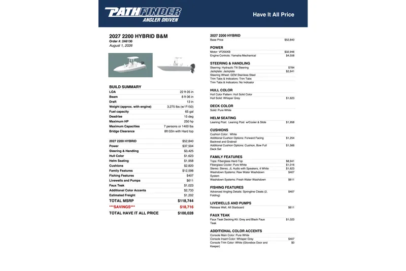 Slide: The Image of 2027 Pathfinder 2200 Hybrid boat specifications and pricing details, featuring build summary and options. - 18