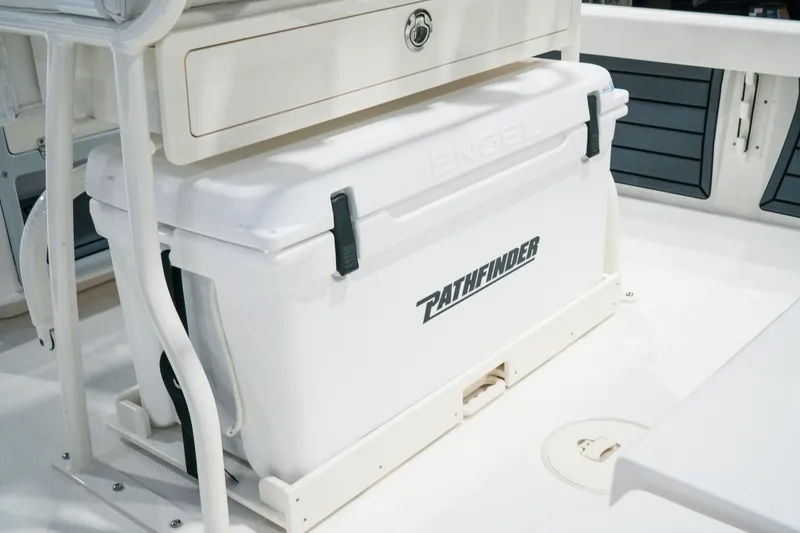 Slide: The Image of Pathfinder 2200 Hybrid 2027 boat interior with Engel cooler and storage compartment. - 15