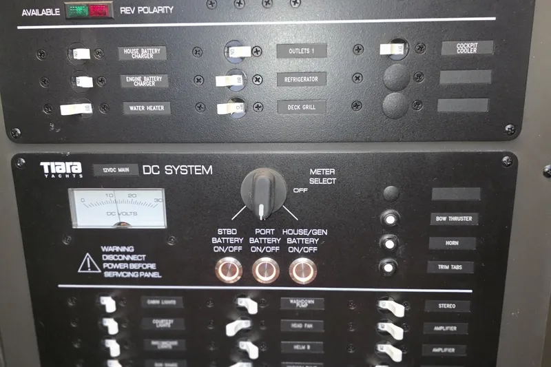 Slide: The Image of 2024 Tiara Sport 34LS DC system panel with battery and power controls. - 21