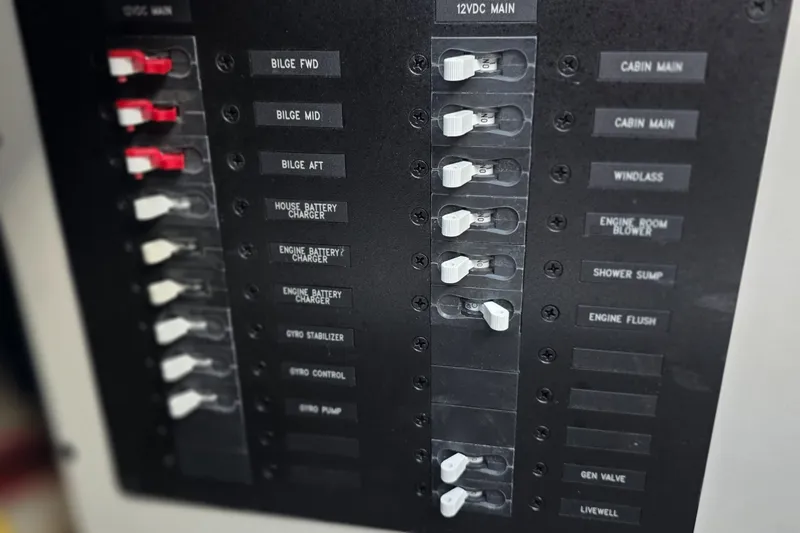 Slide: The Image of Electrical panel of 2024 Tiara Sport 34LS boat with labeled switches and controls. - 20