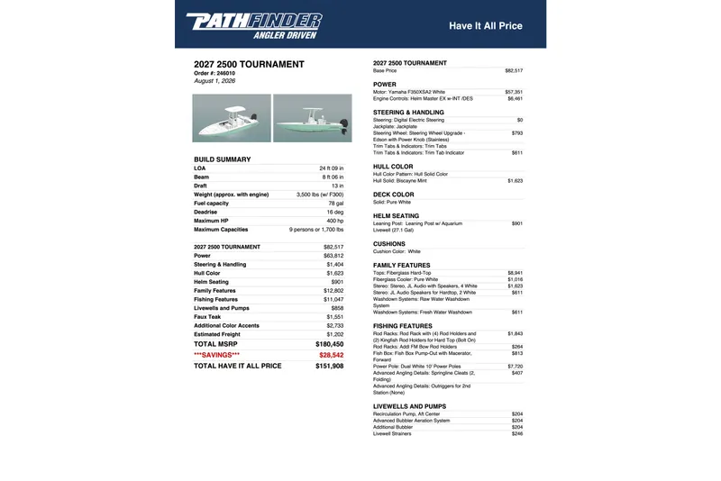 Slide: The Image of Pathfinder 2500 Tournament 2027 boat specifications and pricing details, featuring build summary and features. - 38