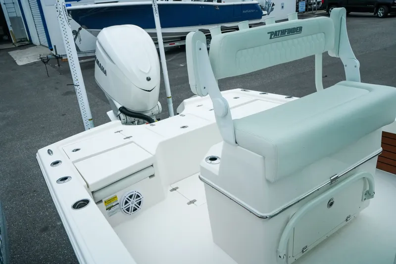 Slide: The Image of 2027 Pathfinder 2500 Tournament boat with Yamaha engine, featuring spacious seating and storage. - 35