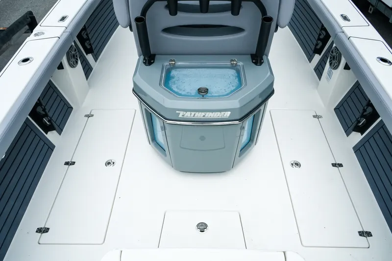 Slide: The Image of 2027 Pathfinder 2700 Tournament boat deck with storage compartments and seating. - 17