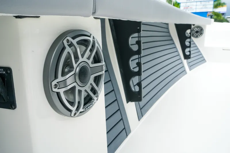 Slide: The Image of 2027 Pathfinder 2700 Tournament boat interior with sleek speaker and modern design elements. - 27