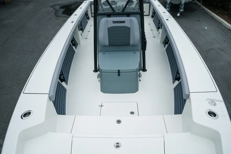 Slide: The Image of 2027 Pathfinder 2700 Tournament boat interior with seating and storage compartments. - 33