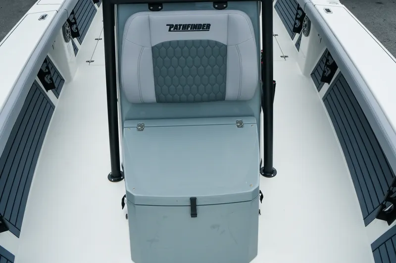 Slide: The Image of 2027 Pathfinder 2700 Tournament boat interior with cushioned seating and storage. - 35