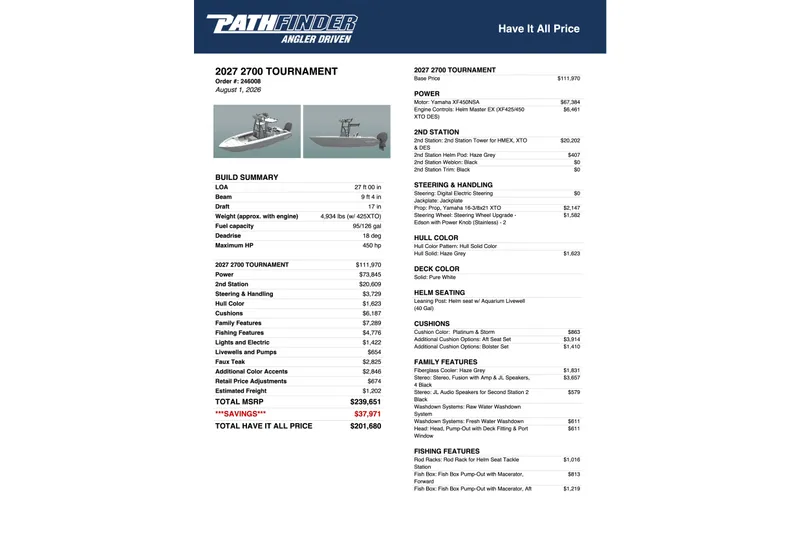Slide: The Image of Pathfinder 2700 Tournament 2027 boat specifications and pricing details, featuring Yamaha XF450NSA engine. - 43